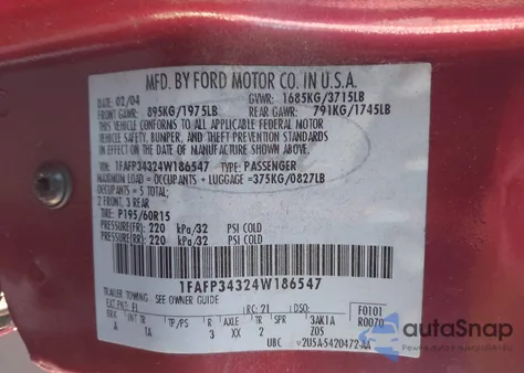 2004 Ford Focus Se from USA, damaged, VIN 1FAFP34324W186547